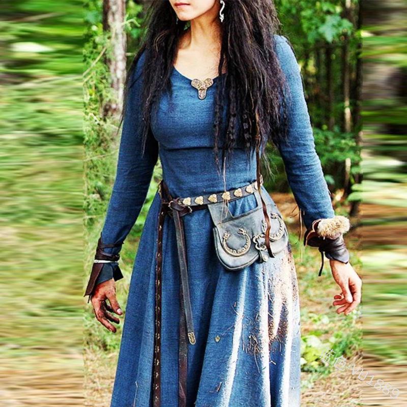 

Medieval retro round neck long-sleeved slim-fitting dress, Renaissance long cosplay performance dress for women S синий