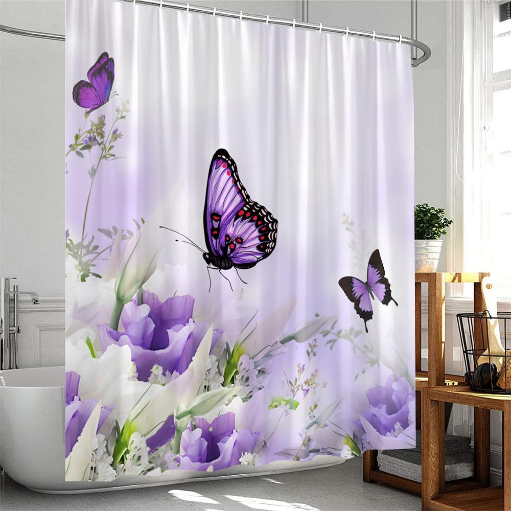 Butterfly Floral Shower Curtain Rose Flowers Plant Botanical Bathroom Decor Elegant Polyester Fabric Bath Curtain with Hook