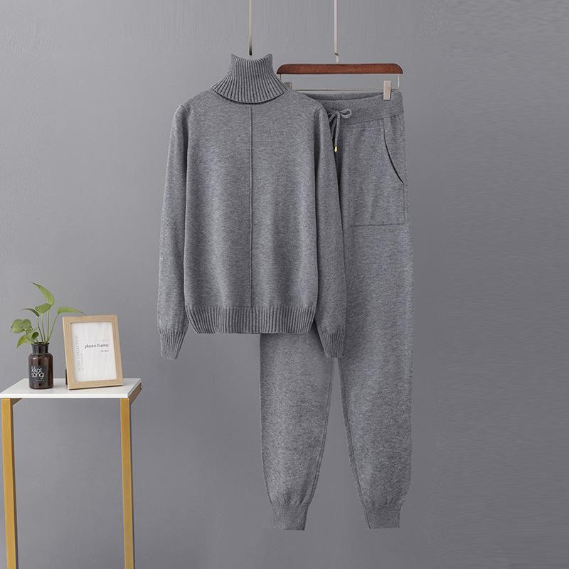 Candy Color Knitted 2 Piece Sets Women Turtleneck Knitwears Sweater Pullover Tops High Waist Casual Harem Pants Outfit