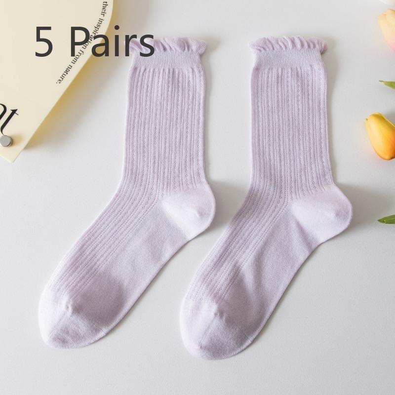 5 Pairs of New Female Spring and Summer Mesh Auricular Rimmed Boneless Pure Cotton Tube Stack Socks