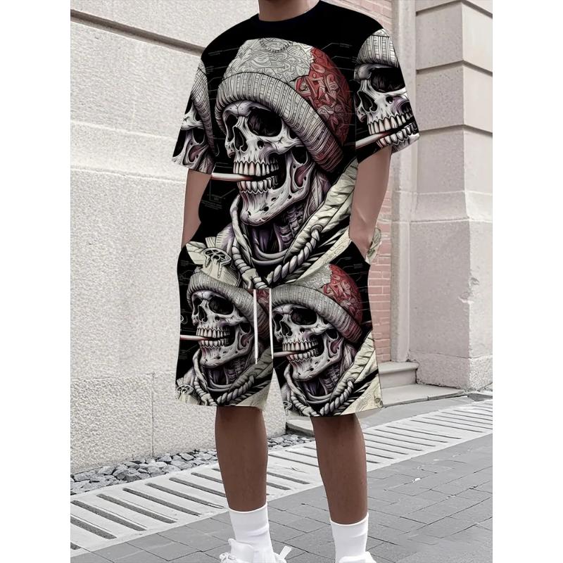 Fashion Men's Casual Suit T-shirt Shorts Two-piece Set Summer Simple 3D Printing