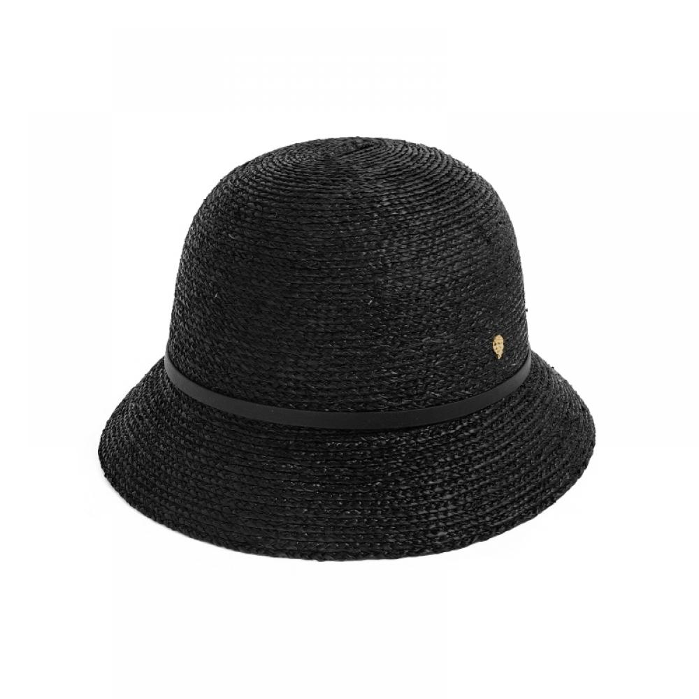 Helen Kaminski Hat50172 Cabk Vesa 6 Charcoal Black Leather Trim Cloche Bucket Hat
