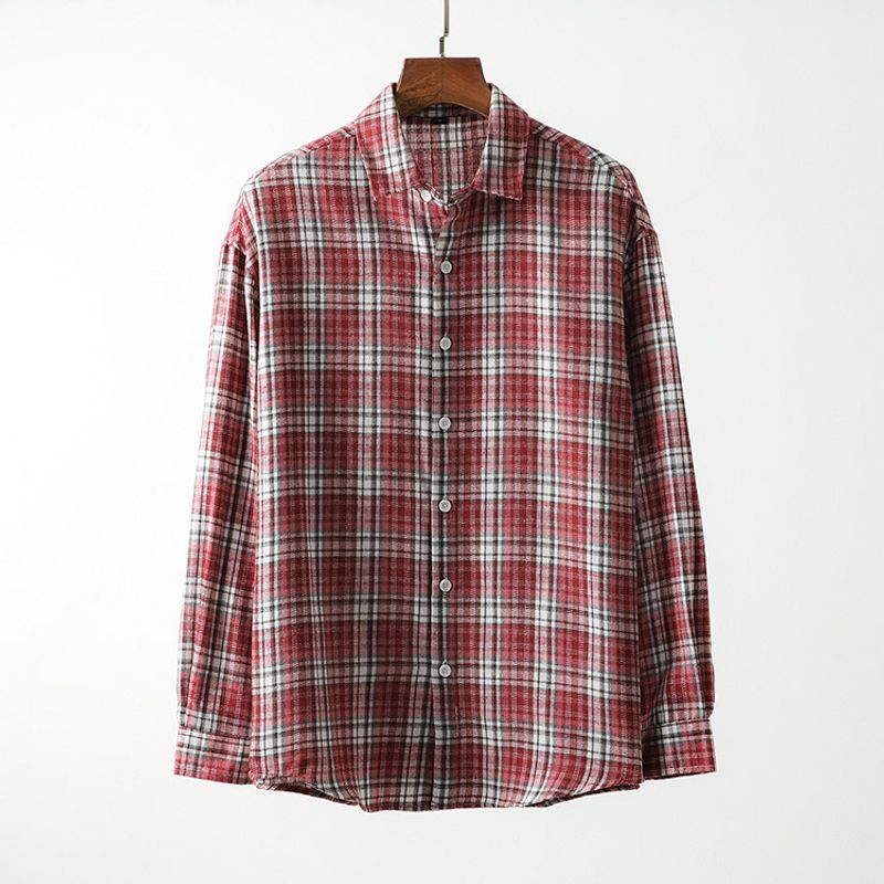 American vintage Washed Sanding Plaid Shirts Men's Long sleeve Spring and Autumn Stacked Outerwear Foreign Trade Men's Casual Shirt