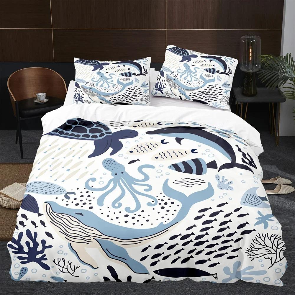 Cartoon Whale Duvet Cover King Queen Cute Ocean Animal Bedding Set for Kids Teens Adults Wildlife 2/3pcs Polyester Quilt Cover