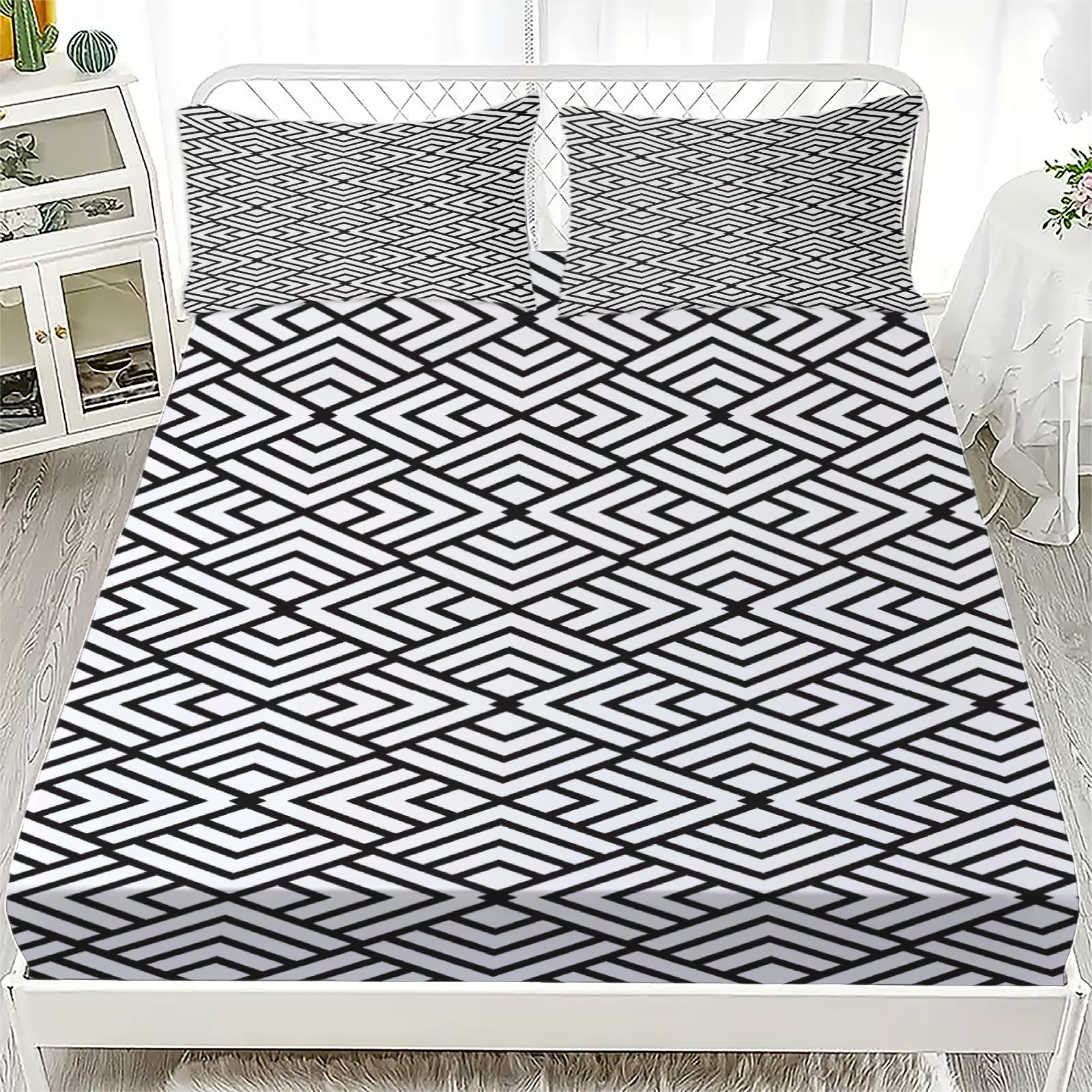 

1pc Black White Fitted Sheet Geometry 3D Printed Linear Nordic Style 100% Polyester Flat Sheet Room Decoration For Adult Teen 99x190x25cm