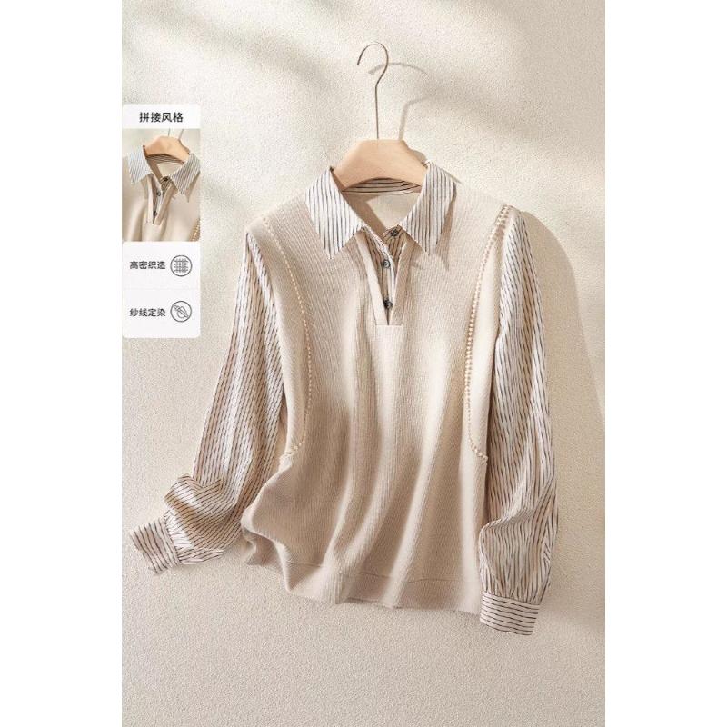 2025 Spring New Women s Clothing Simple Temperament Fake Two-piece Contrasting Color Splicing Striped Versatile Long-sleeved Top L