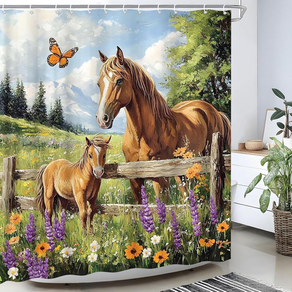 Western Horse Shower Curtain Rustic Farmhouse Animal Colt Wooden Fence Nature Grassland Wildflower Butterfly Country Farm Nature Landscape Fabric