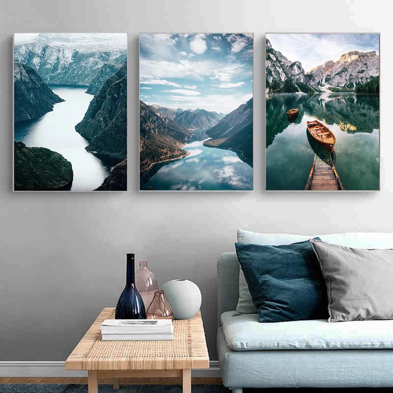 Snow Mountain Canvas Print Painting Nordic Aurora Lake River Scandinavian Forest Boat Landscape Poster Modern Picture Home Decor