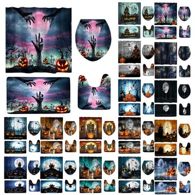 Four-piece Set Of St. Halloween Printed Shower Curtain Carpet Mat Combination Bathroom Toilet Mat Bathroom Curtain Set 45*75 Four-piece Set