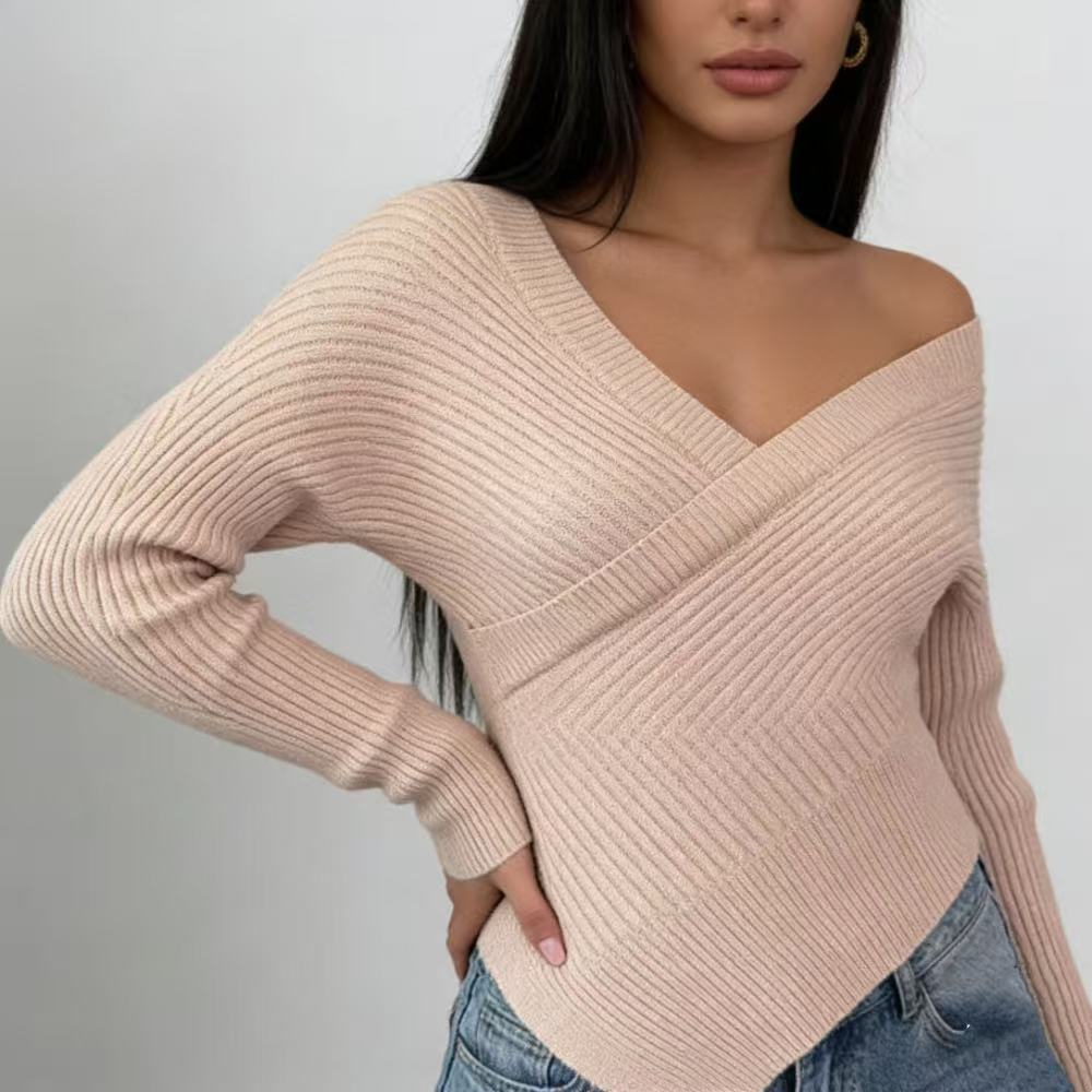Wind Slanted Shoulder Knitted Sweater Women's Autumn and Winter Sexy Off-the-shoulder Slim-fit Irregular Hem Bottoming Shirt Women's Waist Sweater