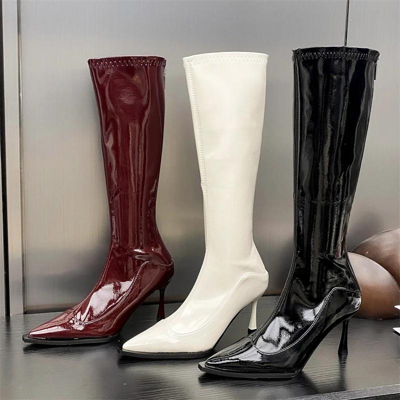 Fashion Eilyken Fashion Patent Leather Knee-High Women Boots Pointed Toe Heels Stripper Thin High Shoes Sexy Long Ladies Booties