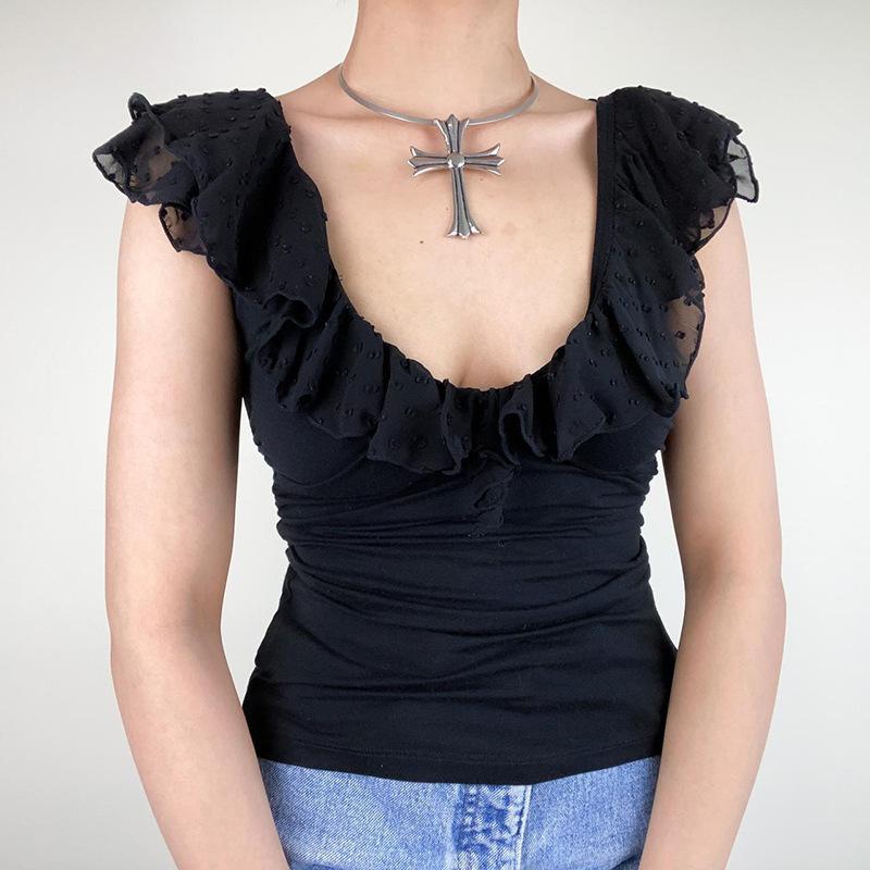

Lotus leaf edge low neck flying sleeve vest women s spring solid color thin top bottoming shirt L чорний