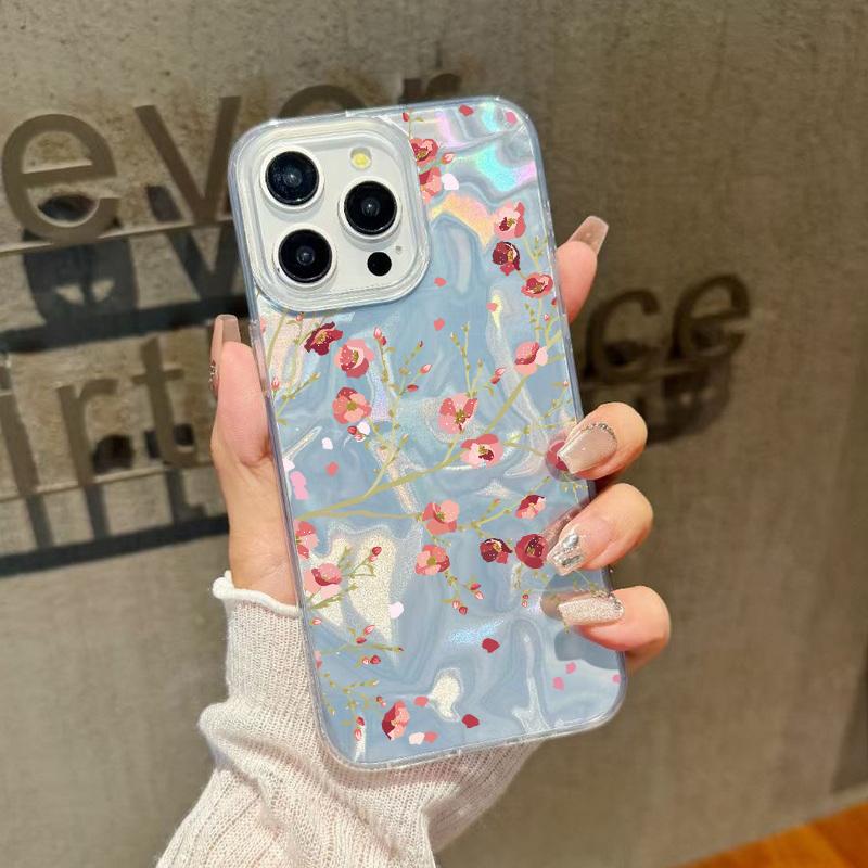 Floral Print Slim Glitter Phone Case For iPhone 16 Pro Max 15 14 Pro 13 12 11 Feather Sparkling Shockproof Clear Soft Edge Hard PC Back Cover