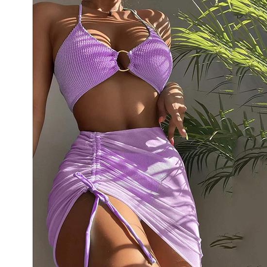 Maiô feminino estilo europeu-americano dividido, cor sólida, cor sólida, sexy, pescoço, pendurado, três peças, biquíni, moda praia