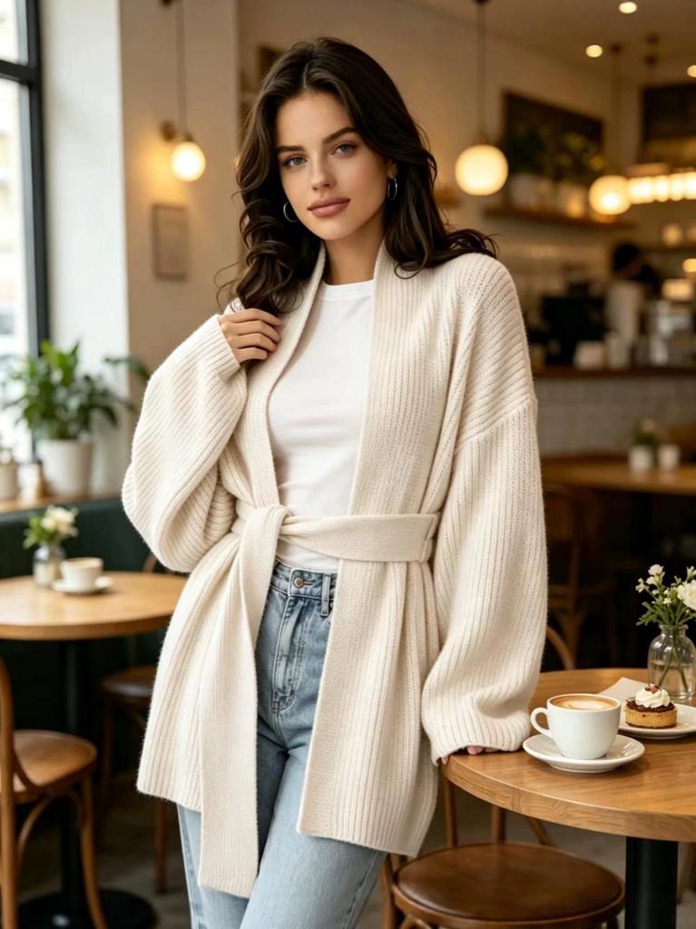 European-Style Slim Fit Women's Mid-Length Knit Cardigan with Belt - Solid Color, Autumn/Winter Sweater Coat