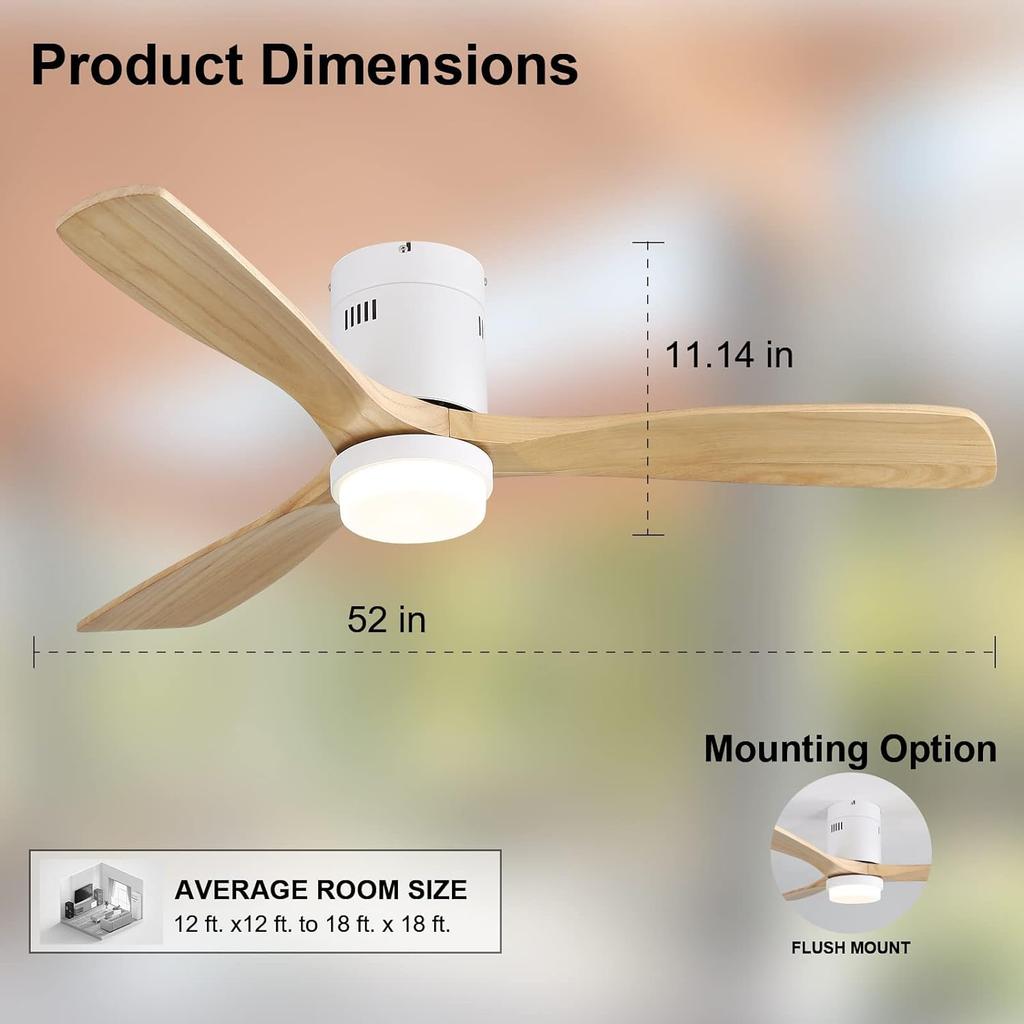 Sofucor 132cm Indoor Ceiling Fan with 3 solid wood blades, silent reversible motor, remote control, including lighting control