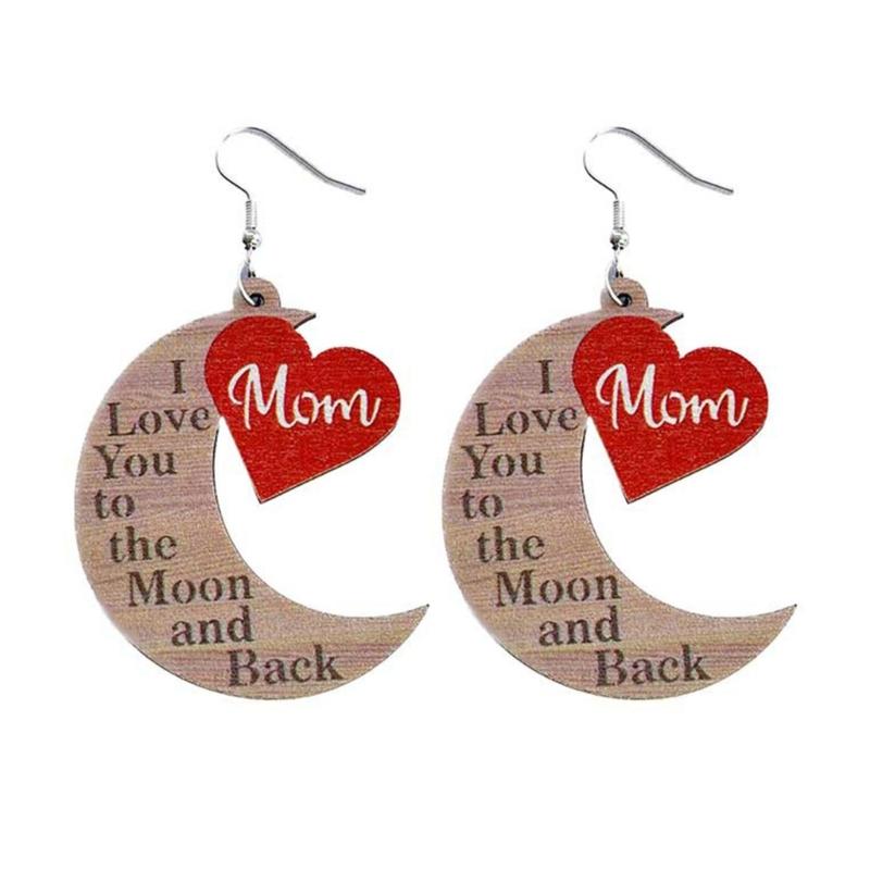 1 Pair 2023 Cut Wooden MOM I LOVE YOU Teardrop Heart Wood Dangle Earrings for Mom Mother Day Gift Novel Wood Jewelry