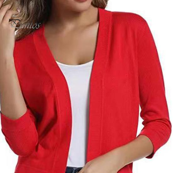Women Knitting Cardigan Collarless 3/4 Sleeve Short Knitting Jacket Solid Color Open Stitching Knitted Outerwear