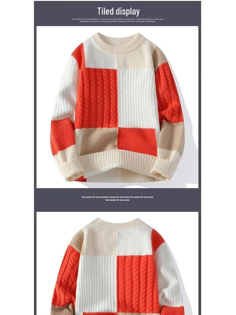 Men's Round Neck Color Block Sweater - Autumn/Winter Knitwear for Students and Teens