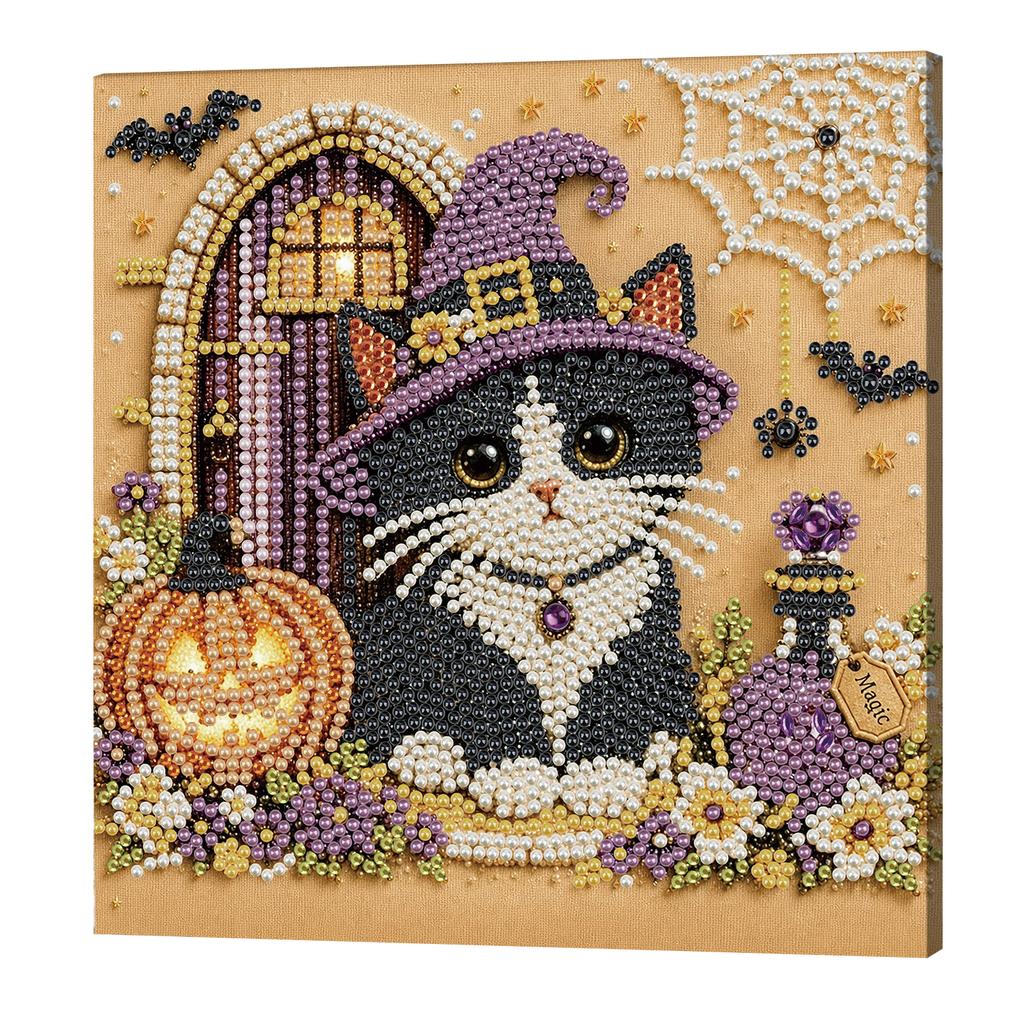 Full Drill Pearl Painting Kit with Frame 20x20cm Halloween Animal DIY Bead Art 3D Sparkling Wall Decor