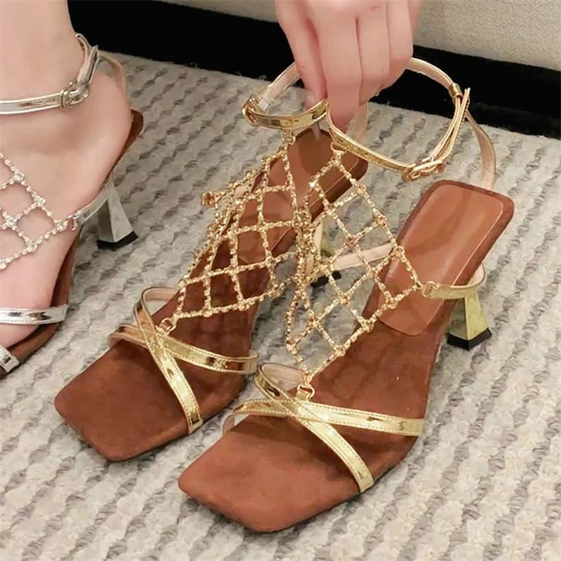 Fashion Eilyken Fashion Crystal Hollow Out Square Toe High Heels Women Sandals Buckle Strap Banquet Party Shoes Zapatillas De Mujer