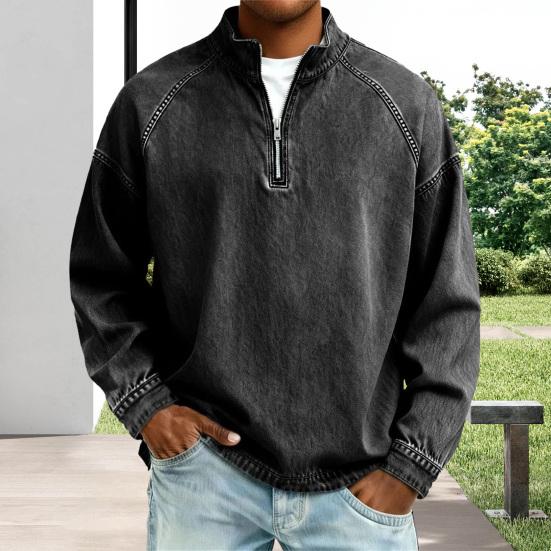 Men Denim Pullover Quarter Zip Stand Collar Vintage Casual Sweatshirt Distressed Loose Mock Neck Golf Shirt for Party Street Vacation