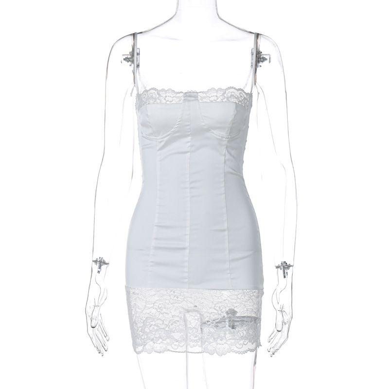 

Outfitgirl French Romantic Lace Strap Dress Small Fancy Satin Exquisite Short Skirt White L