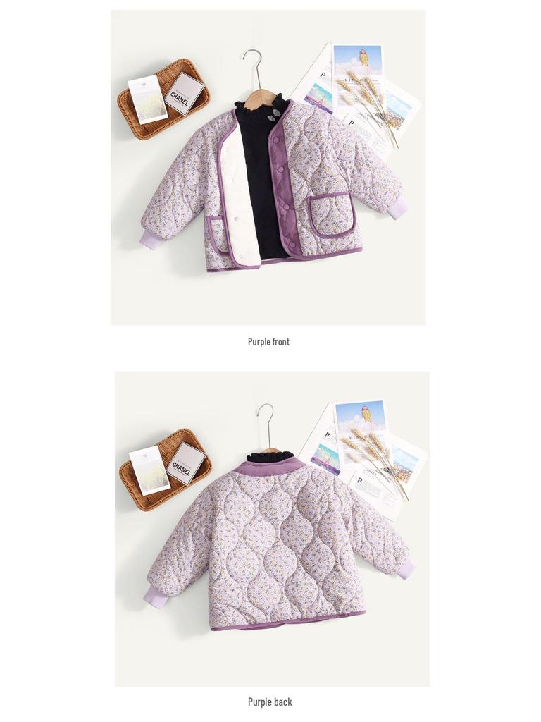 2023 Korean Style Girls' Floral Quilted Corduroy Winter Jacket
