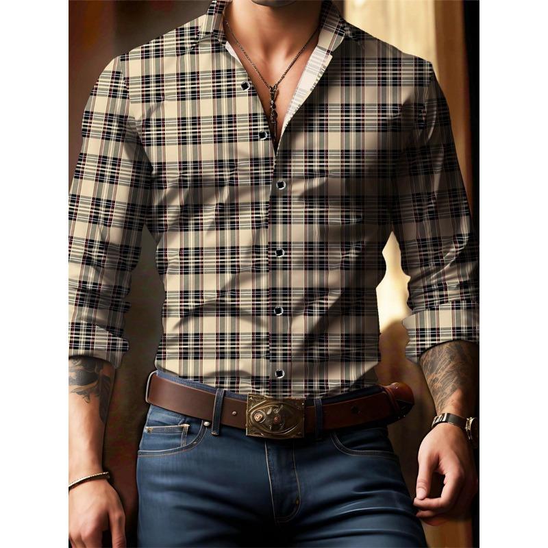 Men's Retro Red Plaid Long-sleeved Shirt, Casual Lapel, Versatile and Trendy for Everyday Wear and Commuting, Sizes S-6XL.