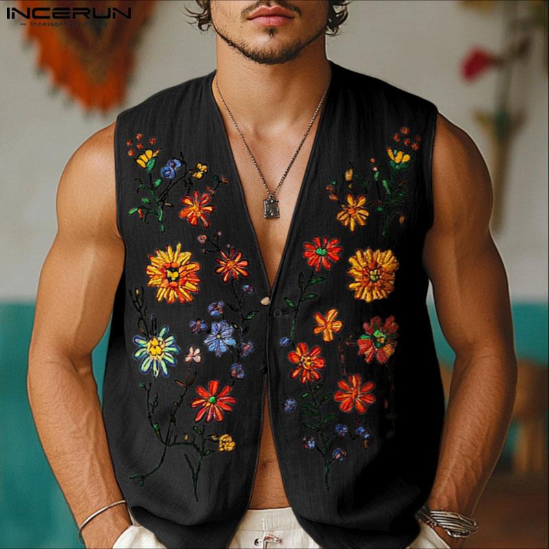 INCERUN Men Sleeveless Floral Print Button Casual Loose Tank Tops