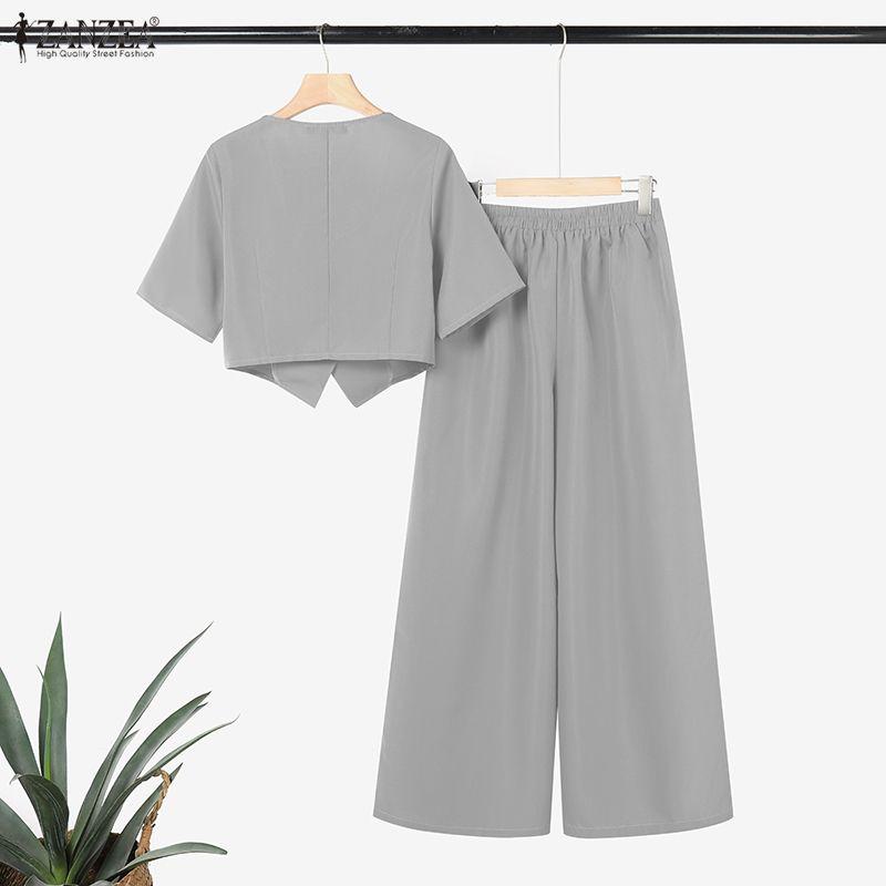 ZANZEA Women Short Sleeve Cropped Tops and Pants Summer Two Piece Suit Sets