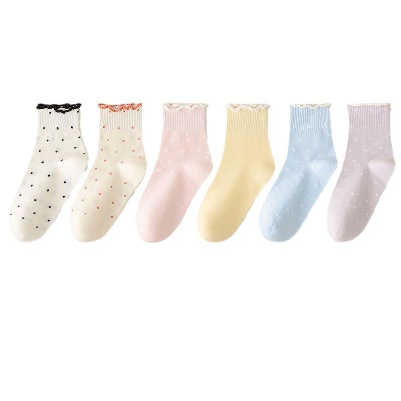 Black Fungus Lace Socks for Women, Spring and Autumn Style, Pile Socks, Cotton Socks, Summer Polka Dot Roll, Boneless Mid-calf Socks