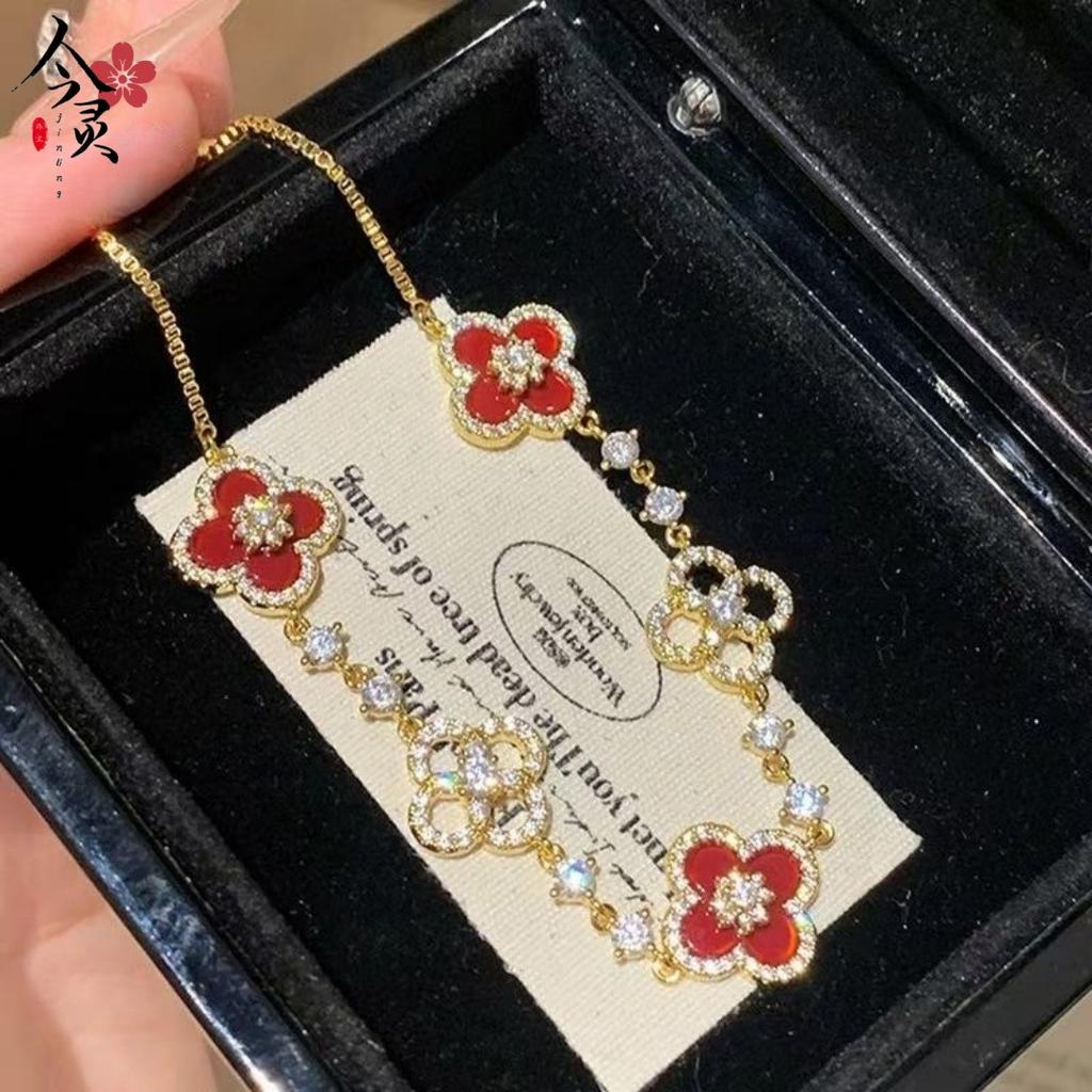 9999 24K real gold diamond red four-leaf flower bracelet for women, exquisite mother-of-pearl versatile bracelet