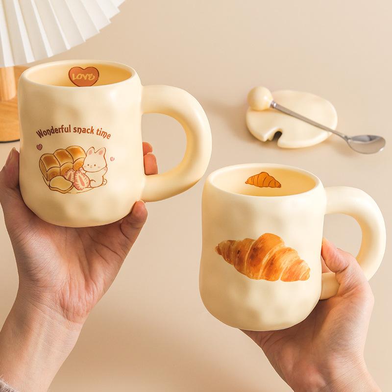 Cute Milk Fufu Cup Bread With Lid Spoon Wind Girls Ceramic Coffee Breakfast Cup Office