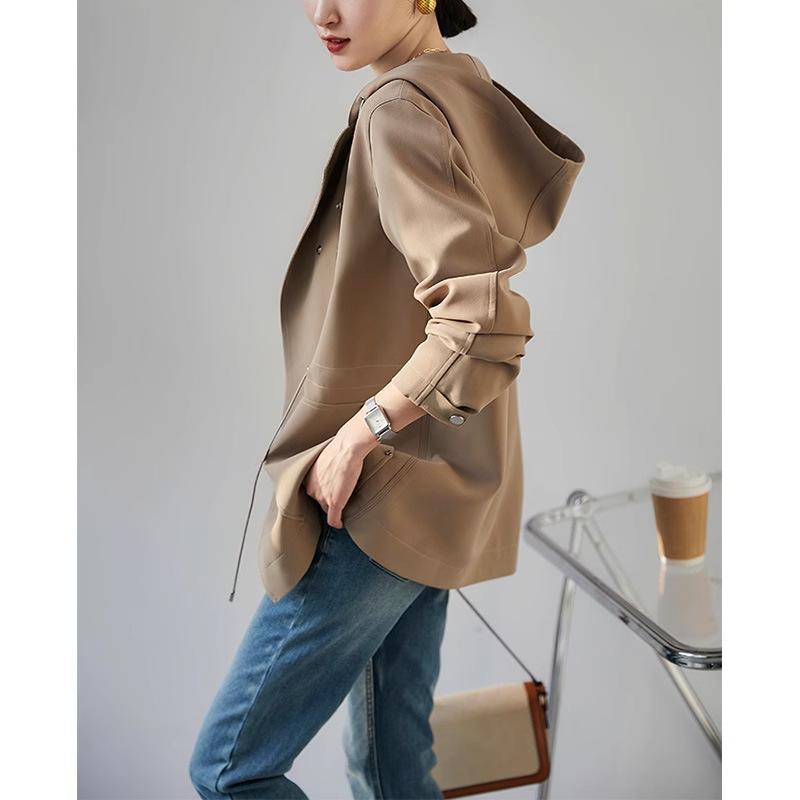 

Тренч с капюшоном Kesa, короткий стиль, приталенное женское весенне-осеннее пальто, весеннее женское хаки. XL