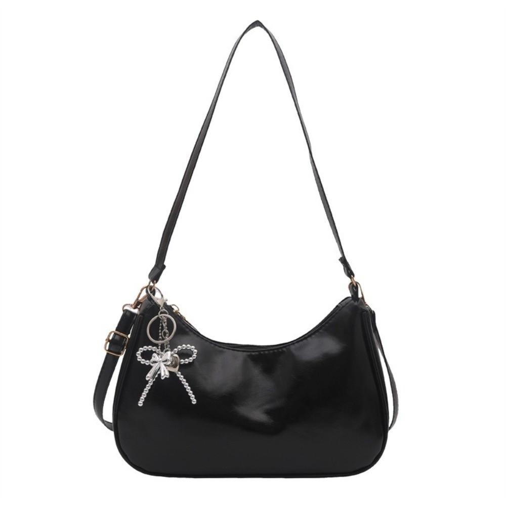 Bow Pendant Oil Wax Leather Crossbody Bag Elegant Underarm Bag Fashion Crescent Bag Casual Wear
