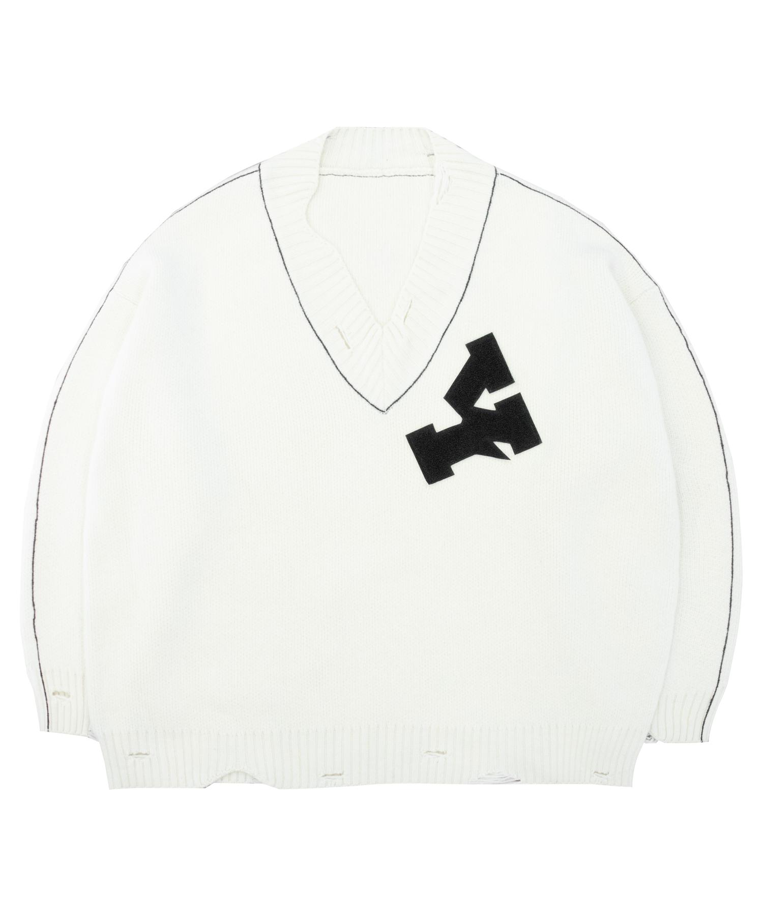Oy Oversized Distressed Logo V-Neck Knit - Ivory Ivory/One Size