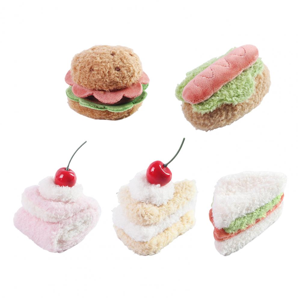 Bite-resistant Cat Toy Plush Cat Toy Realistic Plush Food Cat Toy Set Burger Hotdog Cake Chew Toys for Indoor Cats Squeaky Bone