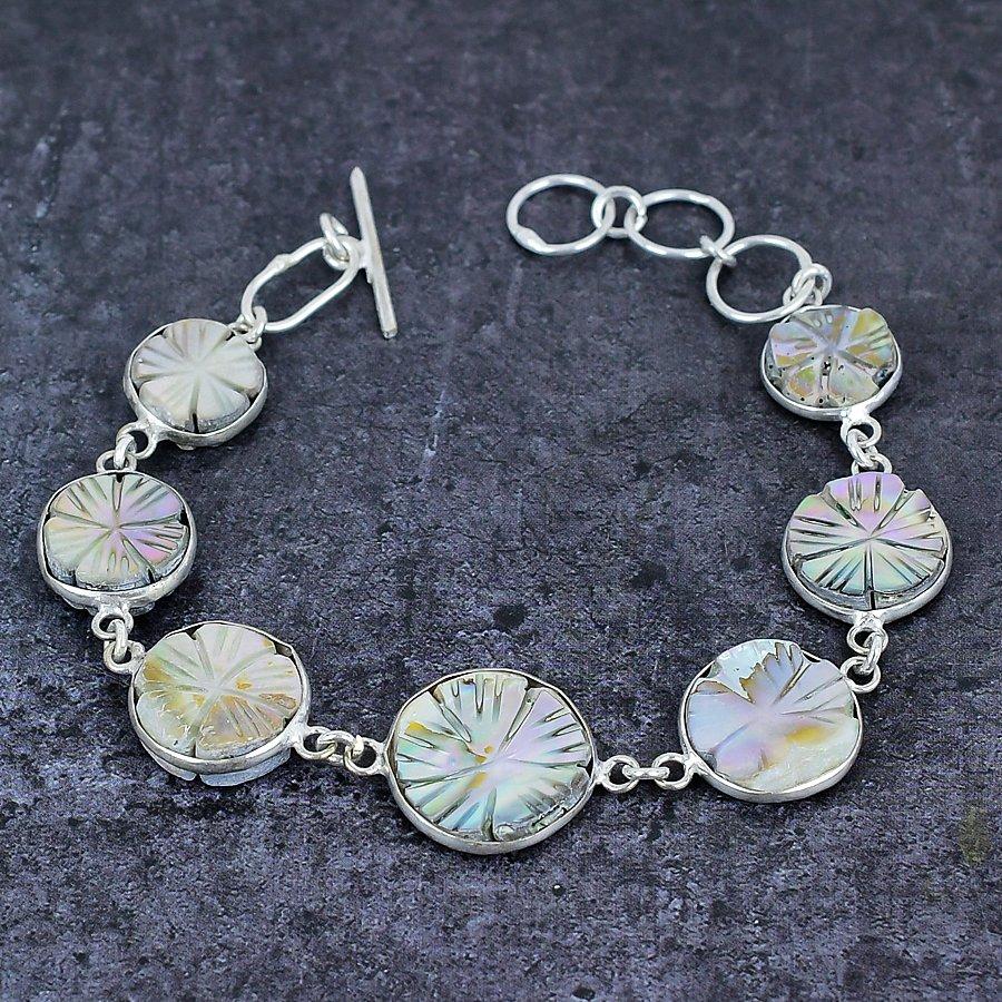 Mother Of Pearl Gemstone 925 Sterling Silver Bracelet 7-8"