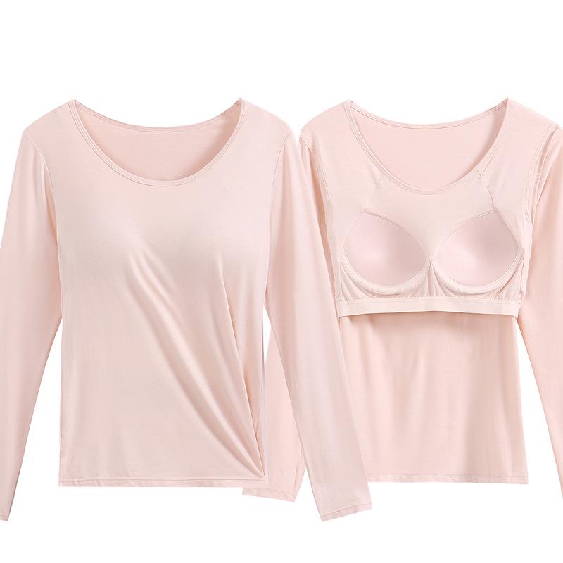 Damska koszulka z długim rękawem i okrągłym dekoltem z wbudowanymi bezprzewodowymi miseczkami – wyszczuplająca warstwa bazowa do jogi