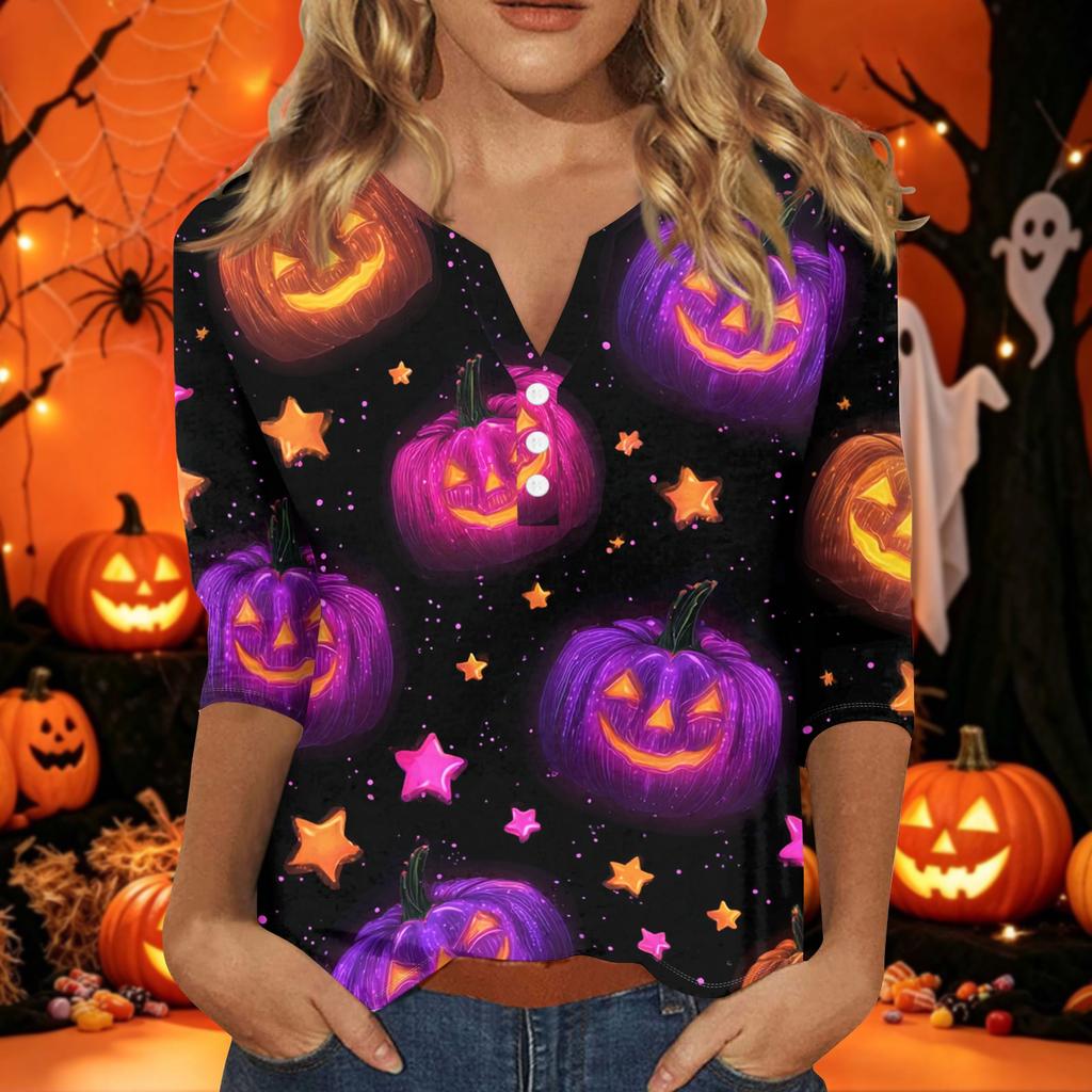 Women's Halloween Print V-Neck Short Sleeve T-Shirt with Decorative Buttons for Casual Fall Outfits