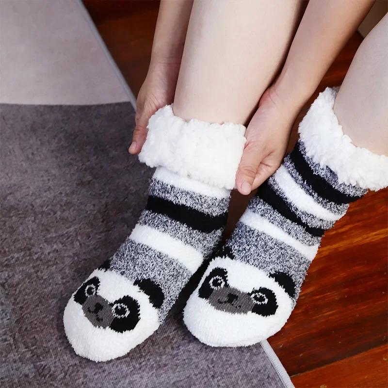 Fuzzy Thermal Socks Women Winter Funny Cat Dog Sloth Cute Kawaii Non Slip Cartoon Sleeping Soft Comfy Female Floor Slippers Sock