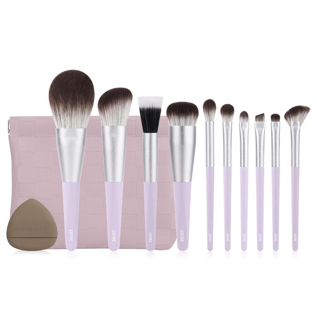 EDTRE Makeup Brush Popular and Neither Too Hard Nor Too Makeup Brush Set with PU Leather Pouch and Multifunctional Makeup Sponge Puff 10-Piece Set,