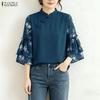 ZANZEA Women Casual Stand Collar Loose Print Splice 3/4 Sleeve Blouse