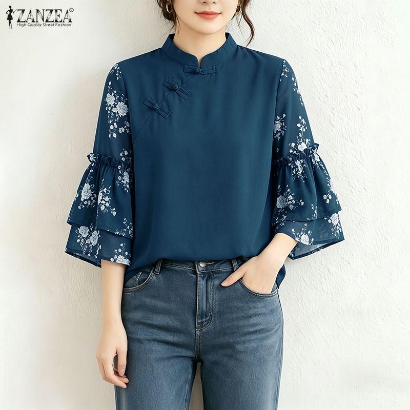 ZANZEA Women Casual Stand Collar Loose Print Splice 3/4 Sleeve Blouse