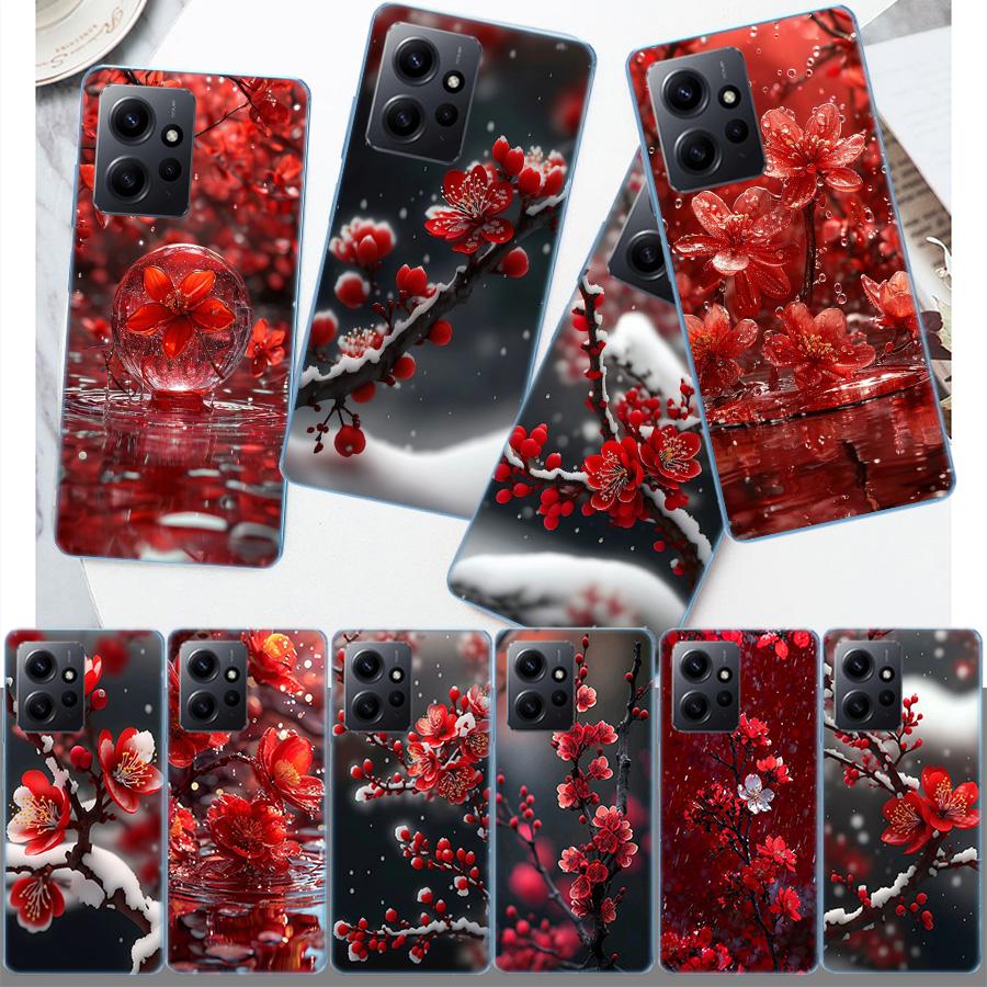 Snow fall Red Peach Blossoms Phone Case For Redmi 12 13C 12C 15C 9 10 10C Note 13 Pro Plus 14 15 Pro 9T 9C 9A TPU Soft Cover Cle