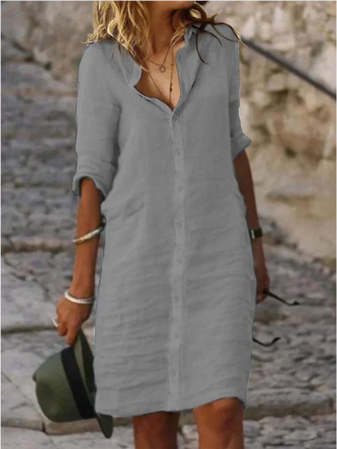 Loose Lapel Button Mid-Sleeve Solid Color Cotton Linen Shirt Dress