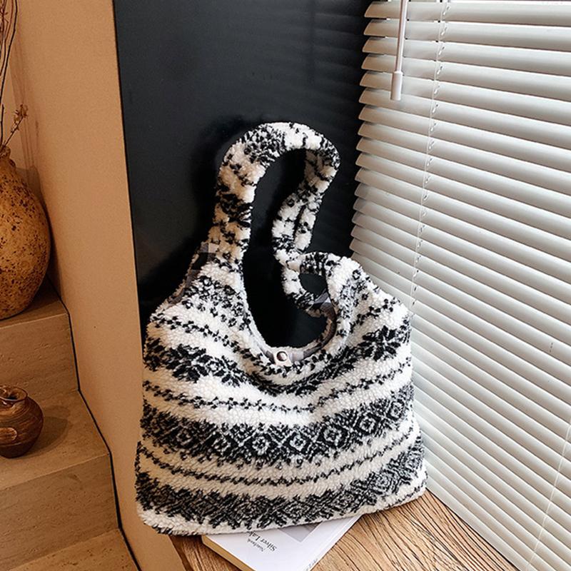 Women's Striped Plush Shopper Tote Bag Lightweight Large Capacity Ethnic Style Shoulder Bag Fluffy Casual Winter Underarm Bags