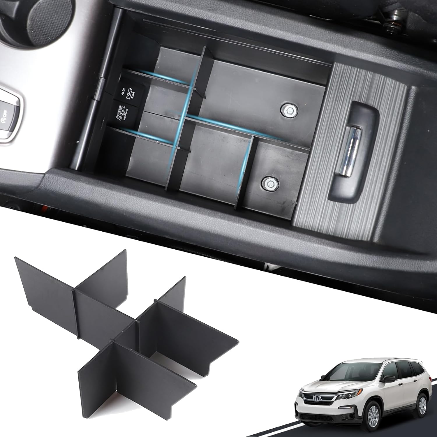 

Органайзер на центральной консоли для Honda Pilot 2016-2022/ Ridgeline 2017-2023/ Passport 2019-2023, вставные разделители подлокотников, аксессуары, ABS, черный