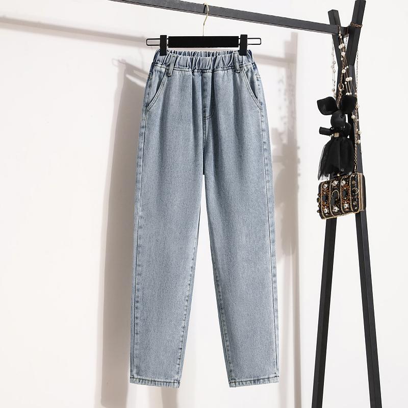 

DIMANAF 2025 Summer Basic Elastic Jeans Pants Women Loose Casual Denim Harem Trousers Big Blue Pants 5XL синий